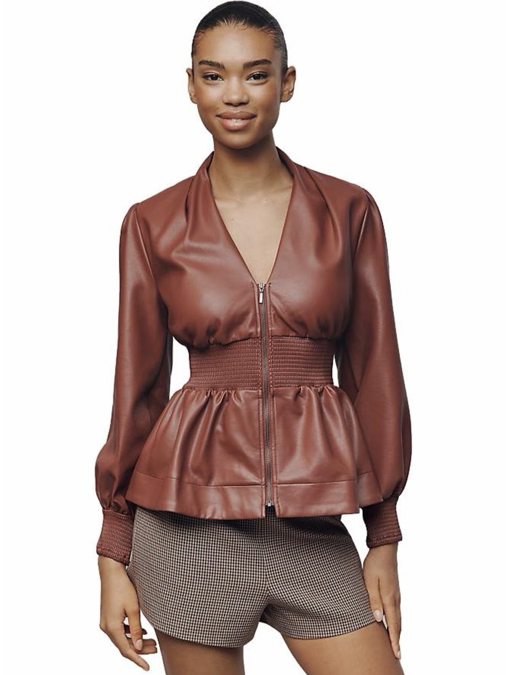 Maeve Anthropologie Tommie Brown Faux Leather Smocked Peplum Zip Jacket